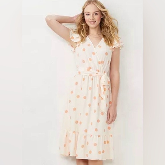 LC Lauren Conrad Dresses & Skirts - Lauren Conrad Faux Wrap Midi Dress XXL Womans peach‎ Polka Dot Flutter Sleeve